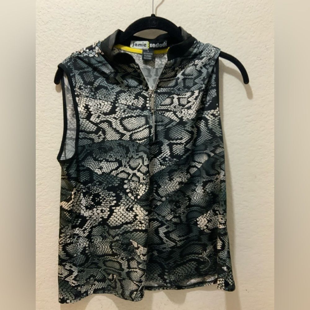 JAMIE SADOCK SLEEVELSS 1/2 ZIP TANK TOP BLACK ANIMAL PRINT Size L